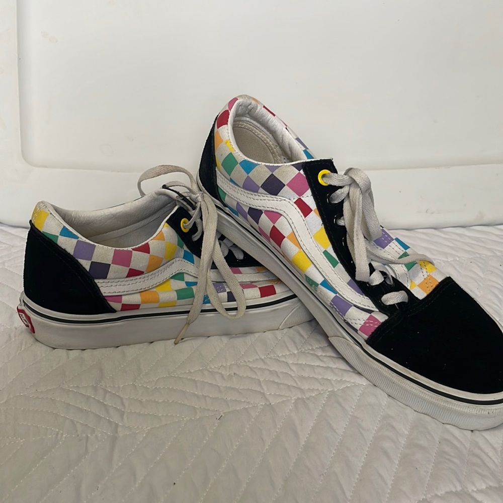 Vans women’s size 9.5, black suede with multi-checkers